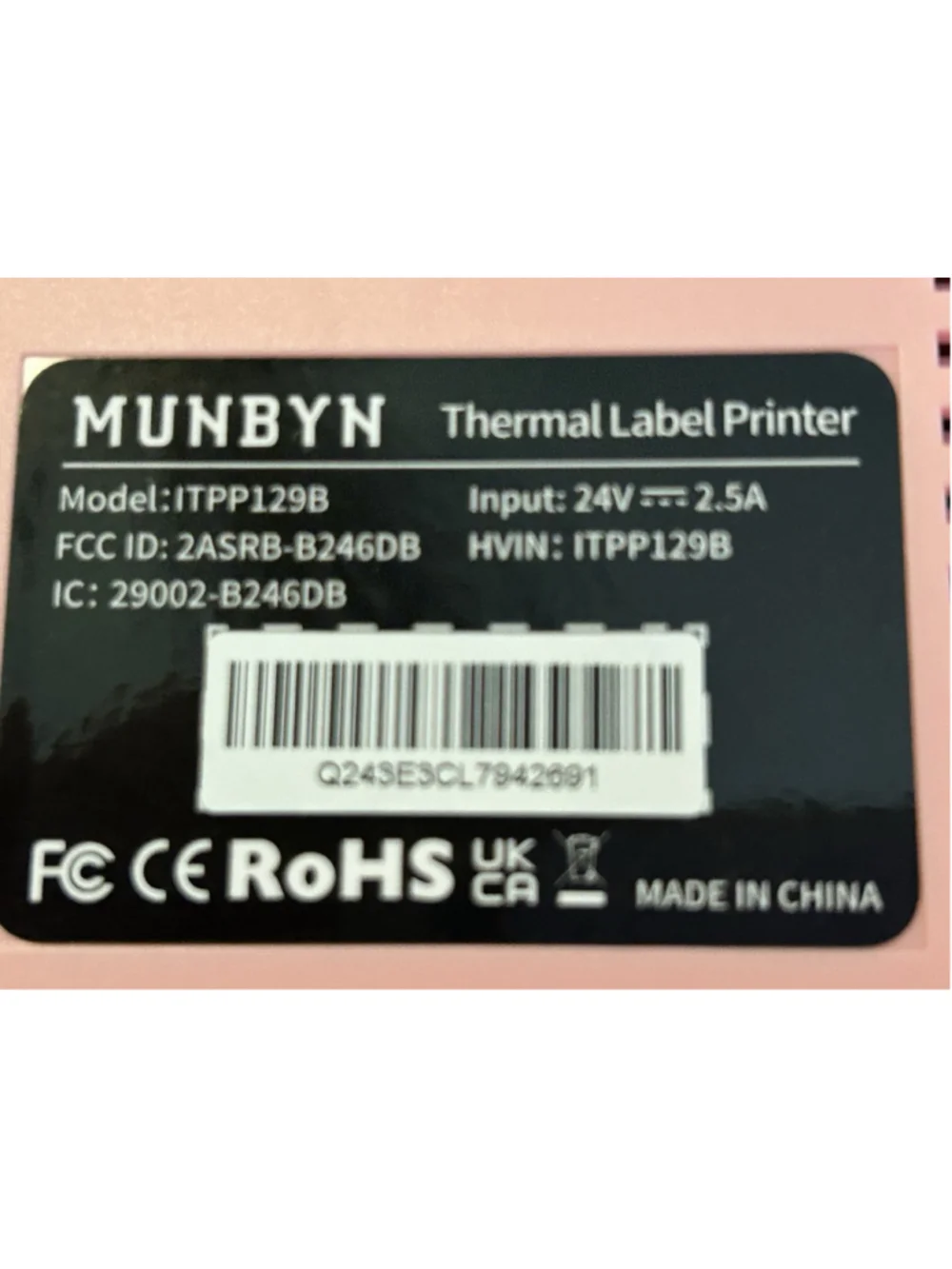 Munbyn Thermal Label Printer Model ITPP129B Pink Connection USB/Bluetooth